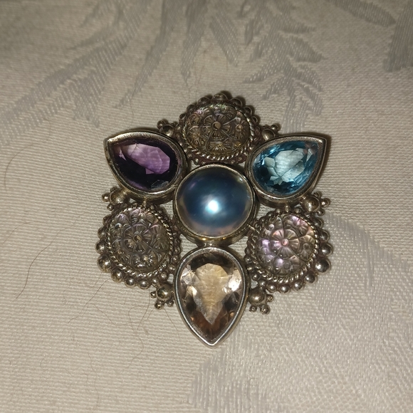 Stephen Dweck Vintage Multi-Stone Flower Motif Brooch, Sterling Silver - Picture 2 of 9